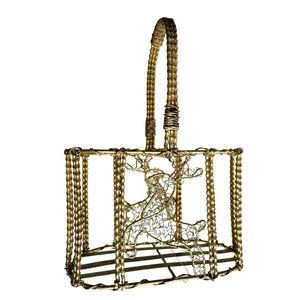 Christmas Basket Wire Reindeer Design Glittering Gold Tone Metal 13" x 9" x 5"